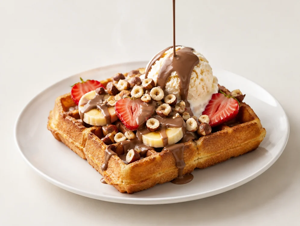 Fındık ve çilekle servis edilen waffle